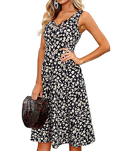 II ININ Sommerkleid Damen Knielang Strandkleid Sommer Midi A Linie Blumen Kleid Freizeitkleid mit Taschen(Floral 15,XX-Groß) von II ININ