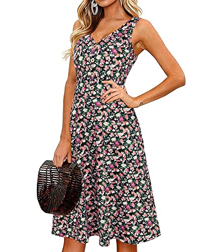 II ININ Sommerkleid Damen Knielang Strandkleid Sommer Midi A Linie Blumen Kleid Freizeitkleid mit Taschen(Floral 16,Groß) von II ININ