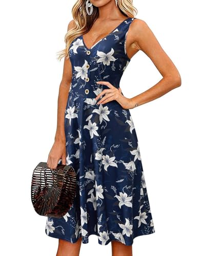 II ININ Sommerkleid Damen Knielang Strandkleid Sommer Midi A Linie Blumen Kleid Freizeitkleid mit Taschen(Floral 9,XX-Groß) von II ININ