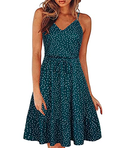 II ININ Sommerkleid Damen Knielang Blumenmuster Kleider Spaghettiträger Strandkleid Sommer Freizeitkleid mit Taschen(Polka Dot C,XX-Groß) von II ININ