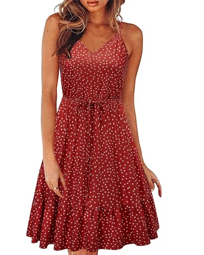 II ININ Sommerkleid Damen Knielang Blumenmuster Kleider Spaghettiträger Strandkleid Sommer Freizeitkleid mit Taschen(Polka Dot E,Mittel) von II ININ