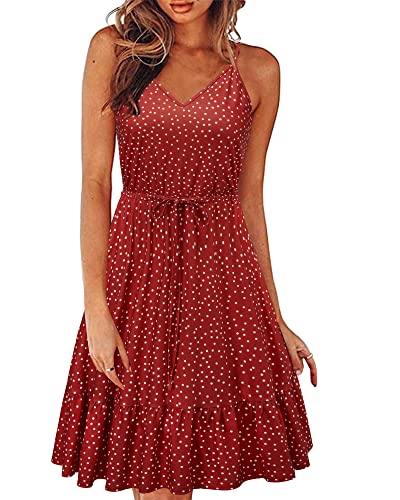 II ININ Sommerkleid Damen Knielang Blumenmuster Kleider Spaghettiträger Strandkleid Sommer Freizeitkleid mit Taschen(Polka Dot E,X-Groß) von II ININ