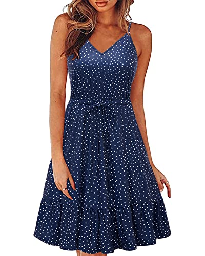 II ININ Sommerkleid Damen Knielang Blumenmuster Kleider Spaghettiträger Strandkleid Sommer Freizeitkleid mit Taschen(Polka Dot M,Groß) von II ININ