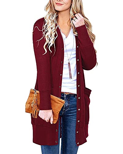 II ININ Strickjacke Damen Lang Cardigan Leicht Strickmantel mit Taschen Dünne for Sommer Herbst Dunkelrot von II ININ