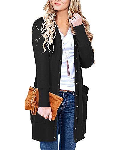 II ININ Strickjacke Damen Lang Cardigan Leicht Strickmantel mit Taschen Dünne for Sommer Herbst Schwarz von II ININ