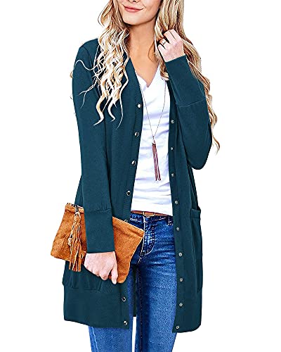II ININ Damen Strickjacke Leopard Leicht Strickmantel Lang Vorne Offen Knöpf mit Taschen Dünne for Herbst(Blau,M) von II ININ