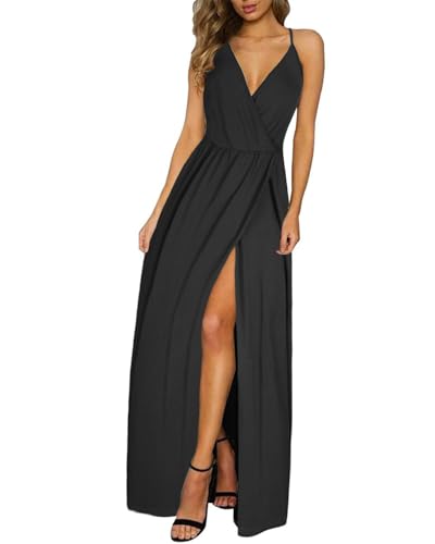 II ININ Damen Tiefer V-Ausschnitt Freizeitkleid Sommer Rückenfreies Blumendruck Split Maxikleid für Strandparty(Schwarz,Klein) von II ININ