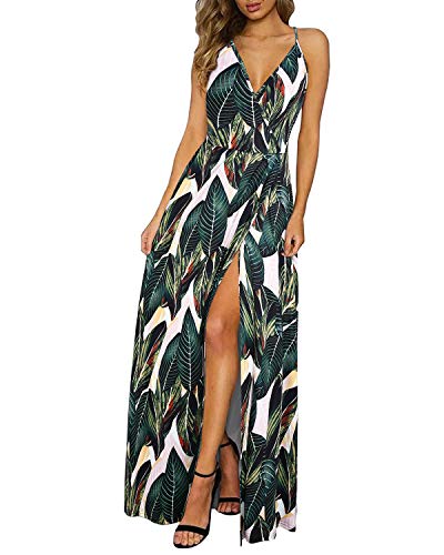 II ININ Damen Tiefer V-Ausschnitt Freizeitkleid Sommer Rückenfreies Blumendruck Split Maxikleid für Strandparty(A_floral23,Klein) von II ININ