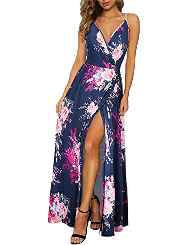 II ININ Damen Tiefer V-Ausschnitt Freizeitkleid Sommer Rückenfreies Blumendruck Split Maxikleid für Strandparty(A14_floral,XX-Groß) von II ININ