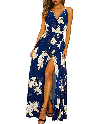 II ININ Damen Tiefer V-Ausschnitt Freizeitkleid Sommer Rückenfreies Blumendruck Split Maxikleid für Strandparty(A21_floral,Groß) von II ININ