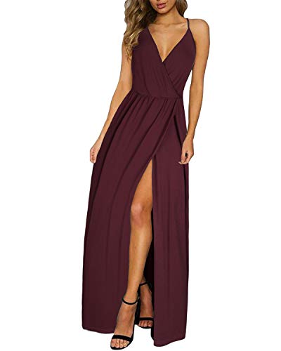 II ININ Damen Tiefer V-Ausschnitt Freizeitkleid Sommer Rückenfreies Blumendruck Split Maxikleid für Strandparty(Dunkelrot,Klein) von II ININ