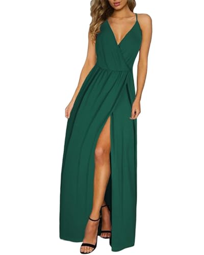 II ININ Damen Tiefer V-Ausschnitt Freizeitkleid Sommer Rückenfreies Blumendruck Split Maxikleid für Strandparty(Grün,Klein) von II ININ