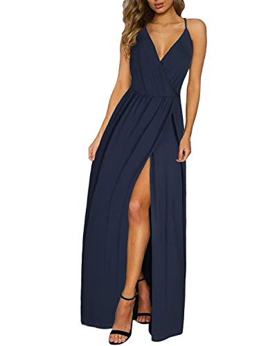 II ININ Sommerkleid Damen Lang Maxikleid Sommer Geteilter Kleid Hochzeit Spaghettiträger Freizeitkleid Blau von II ININ