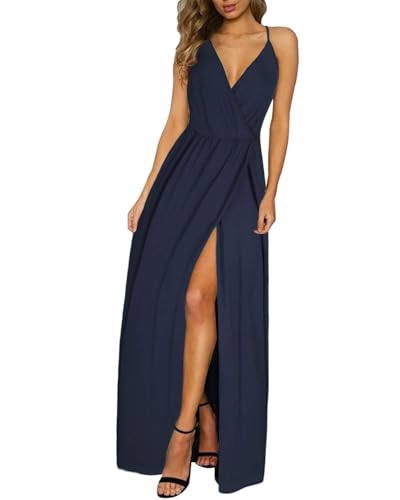 II ININ Damen Tiefer V-Ausschnitt Freizeitkleid Sommer Rückenfreies Blumendruck Split Maxikleid für Strandparty(Navy blau,Mittel) von II ININ
