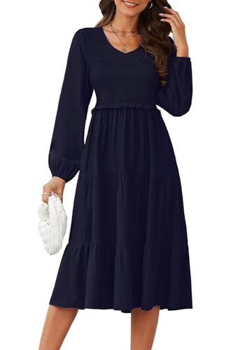 II ININ Herbstkleid Damen Kleid Langarm Gesmoktes Kleid Elegant für Herbst Marine von II ININ