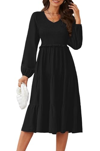 II ININ Herbstkleid Damen Kleid Langarm Gesmoktes Kleid Elegant für Herbst Schwarz von II ININ