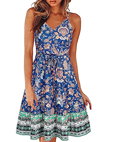 II ININ Sommerkleid Damen Knielang Blumenmuster Kleider Spaghettiträger Strandkleid Sommer Freizeitkleid mit Taschen(Floral A,X-Groß) von II ININ