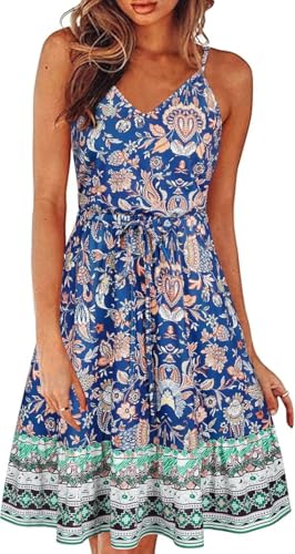 II ININ Sommerkleid Damen Knielang Blumenmuster Kleider Spaghettiträger Strandkleid Sommer Freizeitkleid mit Taschen(Floral A,XX-Groß) von II ININ