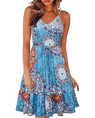 II ININ Sommerkleid Damen Knielang Blumenmuster Kleider Spaghettiträger Strandkleid Sommer Freizeitkleid mit Taschen(Floral F,Groß) von II ININ