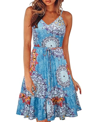 II ININ Sommerkleid Damen Knielang Blumenmuster Kleider Spaghettiträger Strandkleid Sommer Freizeitkleid mit Taschen(Floral F,Mittel) von II ININ