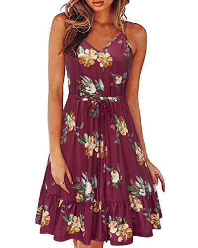 II ININ Sommerkleid Damen Knielang Blumenmuster Kleider Spaghettiträger Strandkleid Sommer Freizeitkleid mit Taschen(Floral H,Mittel) von II ININ