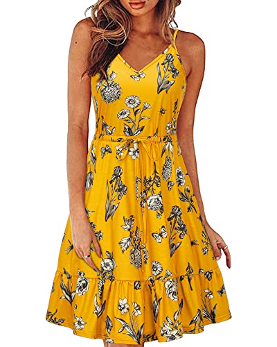 II ININ Sommerkleid Damen Knielang Blumenmuster Kleider Spaghettiträger Strandkleid Sommer Freizeitkleid mit Taschen(Floral I,Mittel) von II ININ