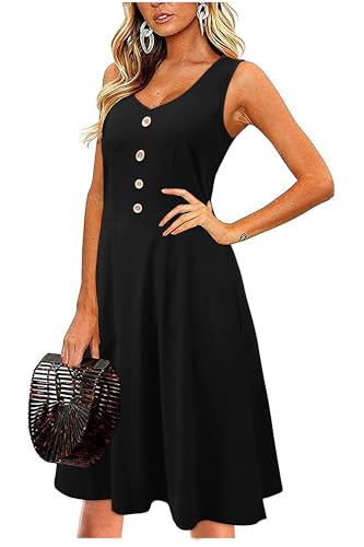 II ININ Sommerkleid Damen Knielang Strandkleid Sommer Midi A Linie Blumen Kleid Freizeitkleid mit Taschen(B-Schwarz,XX-Groß) von II ININ