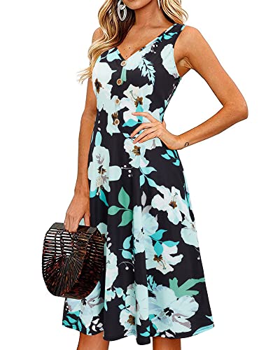 II ININ Sommerkleid Damen Knielang Strandkleid Sommer Midi A Linie Blumen Kleid Freizeitkleid mit Taschen(Floral 17,Groß) von II ININ