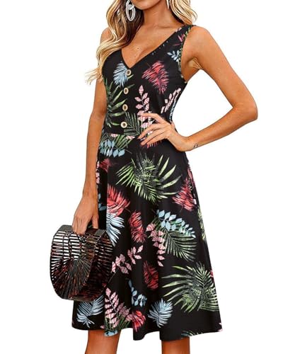 II ININ Sommerkleid Damen Knielang Strandkleid Sommer Midi A Linie Blumen Kleid Freizeitkleid mit Taschen(Floral 4,XX-Groß) von II ININ