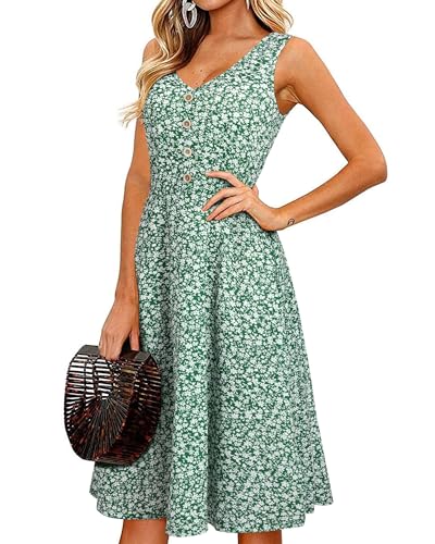 II ININ Sommerkleid Damen Knielang Strandkleid Sommer Midi A Linie Blumen Kleid Freizeitkleid mit Taschen(Floral-Grün,Klein) von II ININ