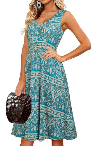 II ININ Sommerkleid Damen Knielang Strandkleid Sommer Midi A Linie Blumen Kleid Freizeitkleid mit Taschen(Floral-Z05,Groß) von II ININ