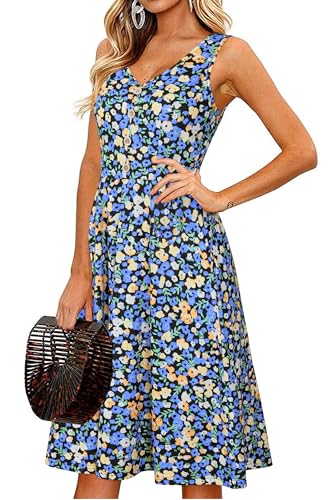 II ININ Sommerkleid Damen Knielang Strandkleid Sommer Midi A Linie Blumen Kleid Freizeitkleid mit Taschen(Floral-Z10,Mittel) von II ININ