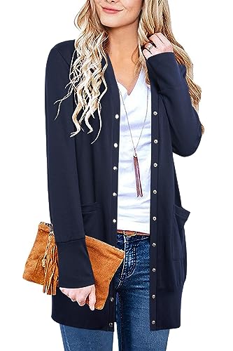 II ININ Strickjacke Damen Lang Cardigan Leicht Strickmantel mit Taschen Dünne for Sommer Herbst Marine von II ININ