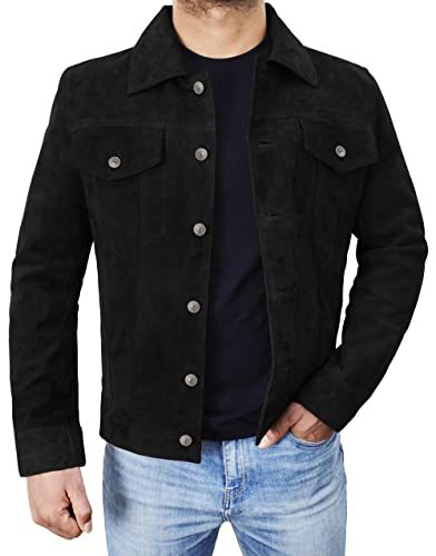 Herren Truckerjacke aus Wildleder – klassischer Motorradmantel aus Ziegenleder, Trucker – Schwarz, Large von III-Fashions