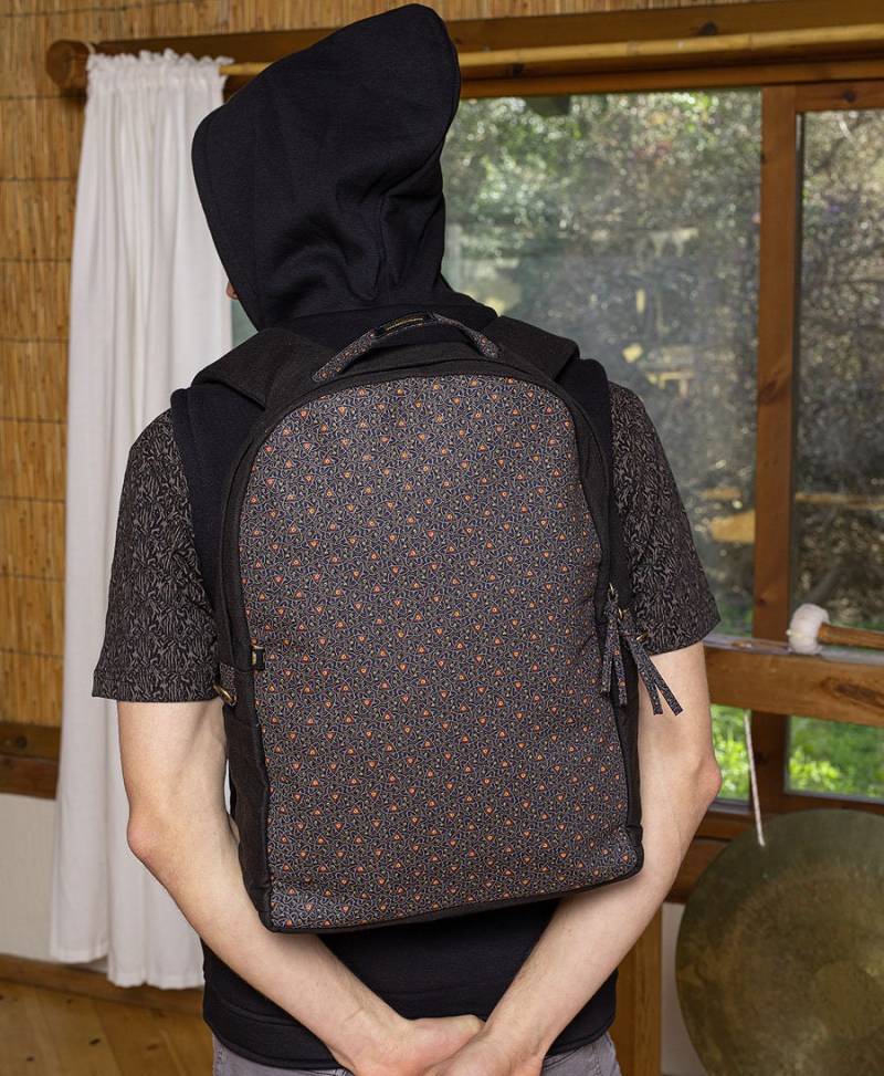 Schwarzer Canvas Rucksack Für Laptop Mit Atom-Molecule Print, Herren Rucksack, Damen Runder Sol Samen Des Lebens von IIISOLIII