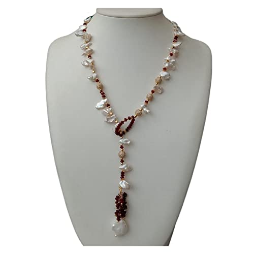 IINKUEYK Mode-Accessoires 25 Zoll kultivierte oben gebohrte weiße Keshi-Perlen-rote Steinschleifen-Pullover-Ketten-Halskette Vintage-Stil for Frauen-Party-Geschenk von IINKUEYK
