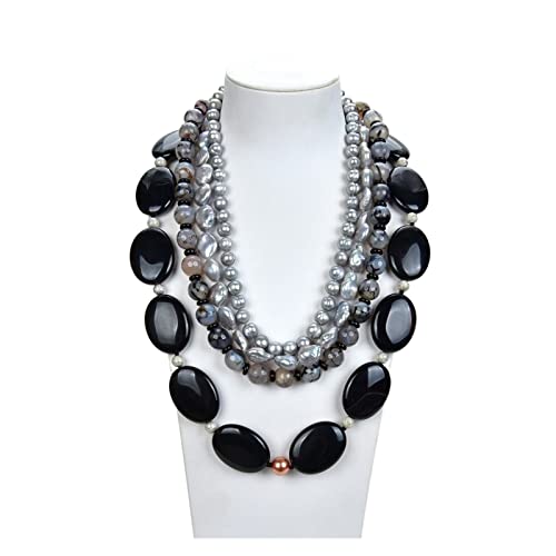 IINKUEYK Mode-Accessoires Schmuck Natural Grey Keshi Round Pearl Achates Black Crystal Halskette for Frauen erfüllen von IINKUEYK