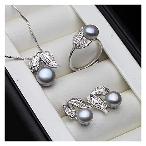 IINKUEYK Mode-Accessoires Schwarze Perlenkette Ohrringe Schmucksets for Frauen, 925er Sterlingsilber-Blattperlen-Set erfüllen (Size : Grey pearl set) von IINKUEYK