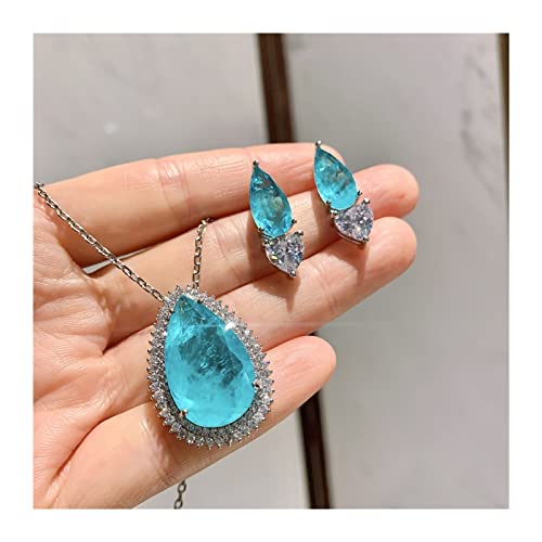 Mode-Accessoires Retro 925 Sterling Silber Hochzeitsschmuck Sets for Frauen Blauer Stein Paraiba Turmalin Diamant Tropfen Ohrringe Anhänger Halskette erfüllen ( Color : Blue , Size : Jewelry set ) von IINKUEYK