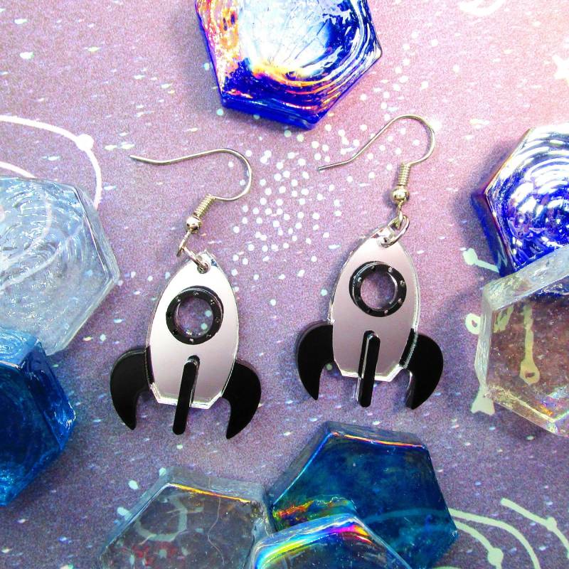 Weltraum Shiny Silver Spiegel Rakete Ohrhänger, Raumschiff Space Cadet Astronaut Schmuck von IJSY