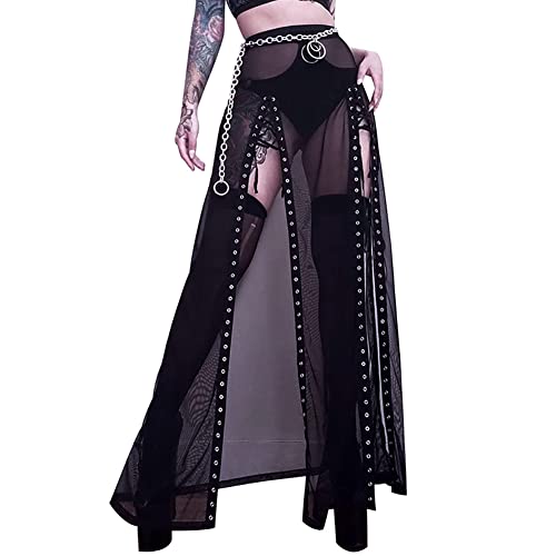 Damen Steampunk Gothic Rock Kette Gürtel Hoher Schlitz Lang Maxi Rave Punk Goth Alt Röcke Festival Kleidung, Schwarz 02, Klein von IKADEX