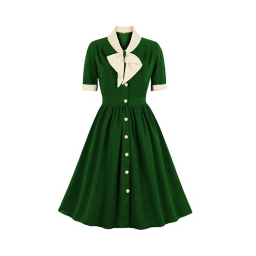 Vintage Damen 1940er Jahre Fliege Hals Kleid Retro 40er 50er Jahre Button Up Business Arbeit A-Linie Cocktailkleider, Grün , Groß von IKADEX