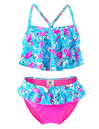 IKALI Mädchen Bademode Bikini Set, 50 UPF UV Sonnenschutz Flamingo Badeanzug, Kleinkind Sommer Strand Sport, Blau, 7-8 Jahre von IKALI