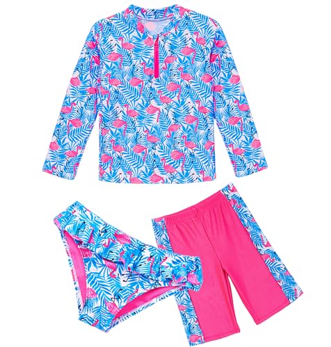 IKALI Mädchen Flamingo Badeanzug 3 Stück Kinder Langarm Tankini Badeanzüge Sommer Pool Party Bademode Blau 6Jahre Plus/122 von IKALI