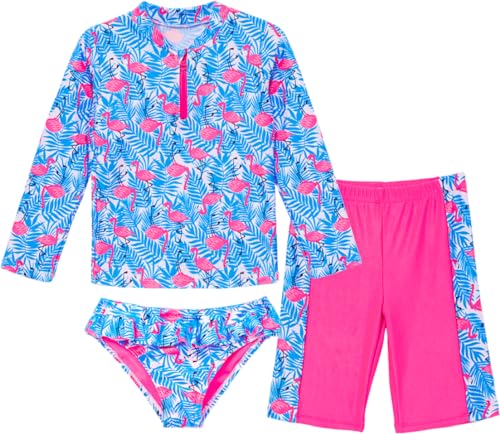 IKALI Mädchen Flamingo Badeanzug 3 Stück Kinder Langarm Tankini Badeanzüge Sommer Pool Party Bademode Blau 8Jahre/134 von IKALI