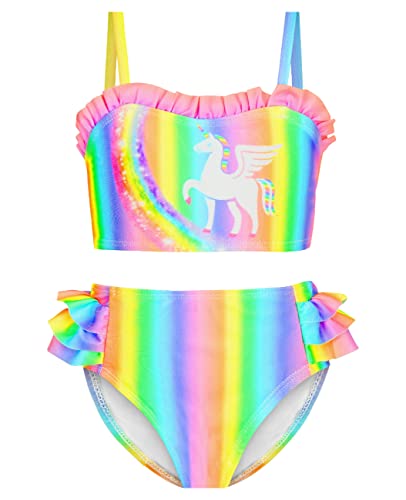 IKALI Mädchen Zwei Stück Bikini Anzug Einhorn Schwimmen Kostüm Rüsche Regenbogen Badeanzug 5Jahre/110 von IKALI
