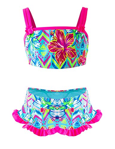 IKALI Mädchen Zweiteiler Badeanzug, Rüschen-Blumen Bikini-Set, Strand Badeanzug, Sommer Bademode für Kinder, Grün, 122/6X von IKALI