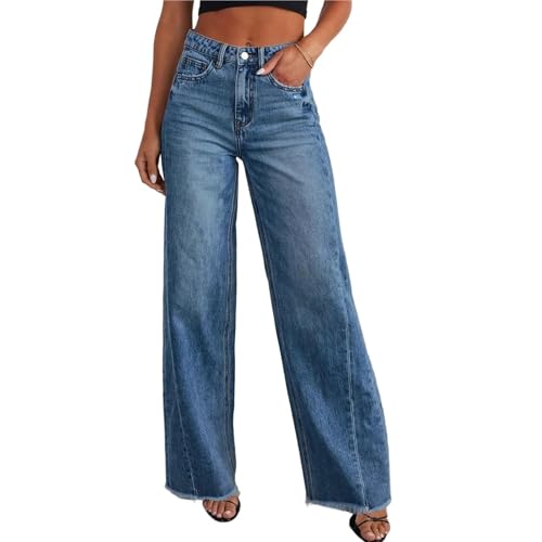 Damen Jeans Weites Bein Damen Straight Jeans Lässige Mode Weites Bein Raw-Edge Denim Hose Herbst Bequeme Tägliche All-Match Leichte(Blue,XXL) von IKFGTJRE