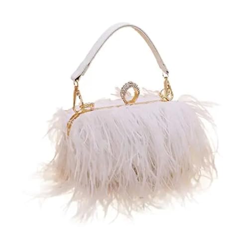 IKFGTJRE Feder Handtasche Clutch Bag Damen Flauschige Straußenfeder Abendkleid Handtasche Schulter Hochzeit Taschen Kette Party(White) von IKFGTJRE