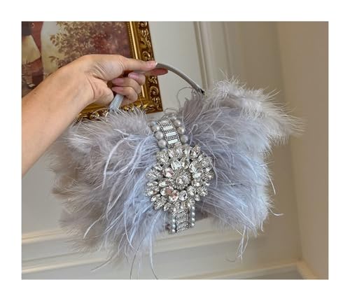 IKFGTJRE Feder Handtasche Straußenfeder Handtaschen Diamant Tasche Perle Abendtaschen for Frauen Schulter Crossbody Party Geldbörse Hochzeit Kupplung(Grey) von IKFGTJRE